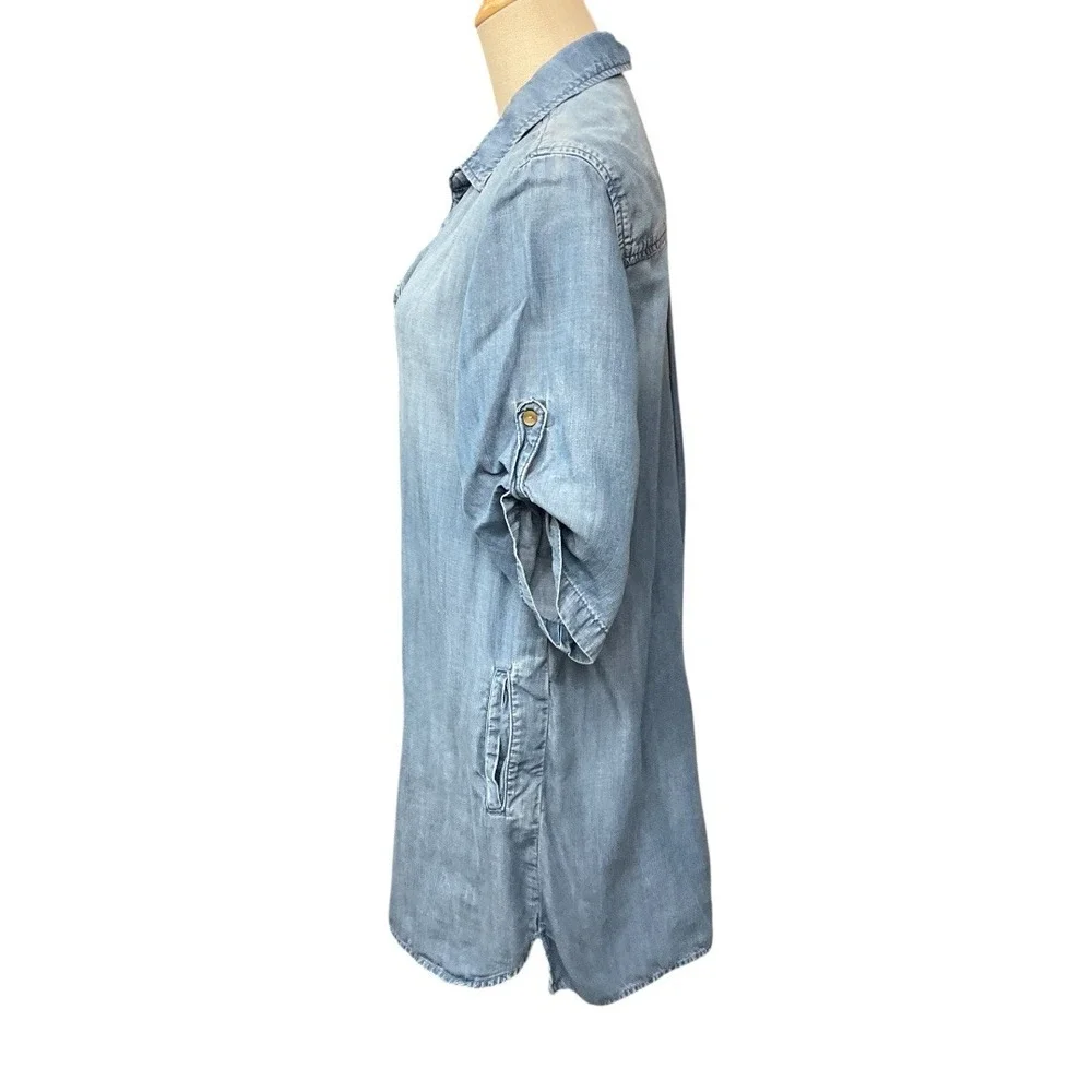Anthropologie Cloth & Stone Chambray Denim 3/4 Sleeve Mini Shirt Dress Medium - Picture 5 of 10